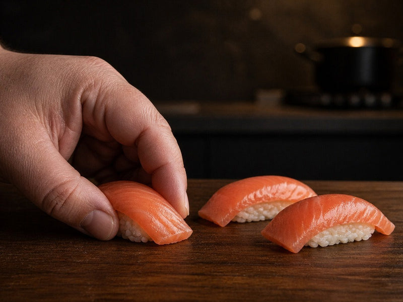 A hand shaping nigiri on a wooden board