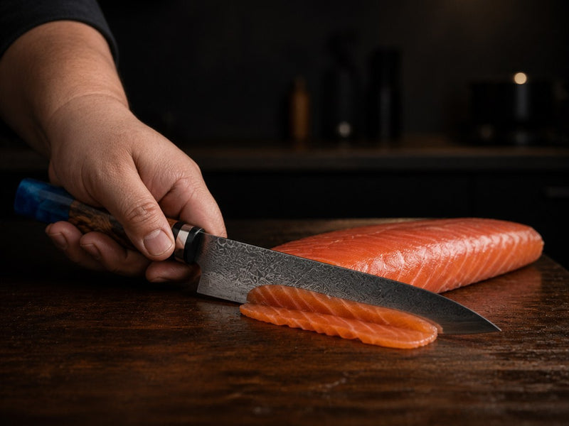 A side of salmon being drawn through with one long stroke