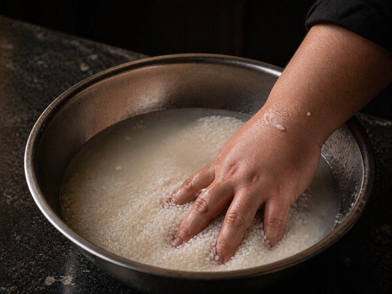 Sushi rice being washed in a steel bowl