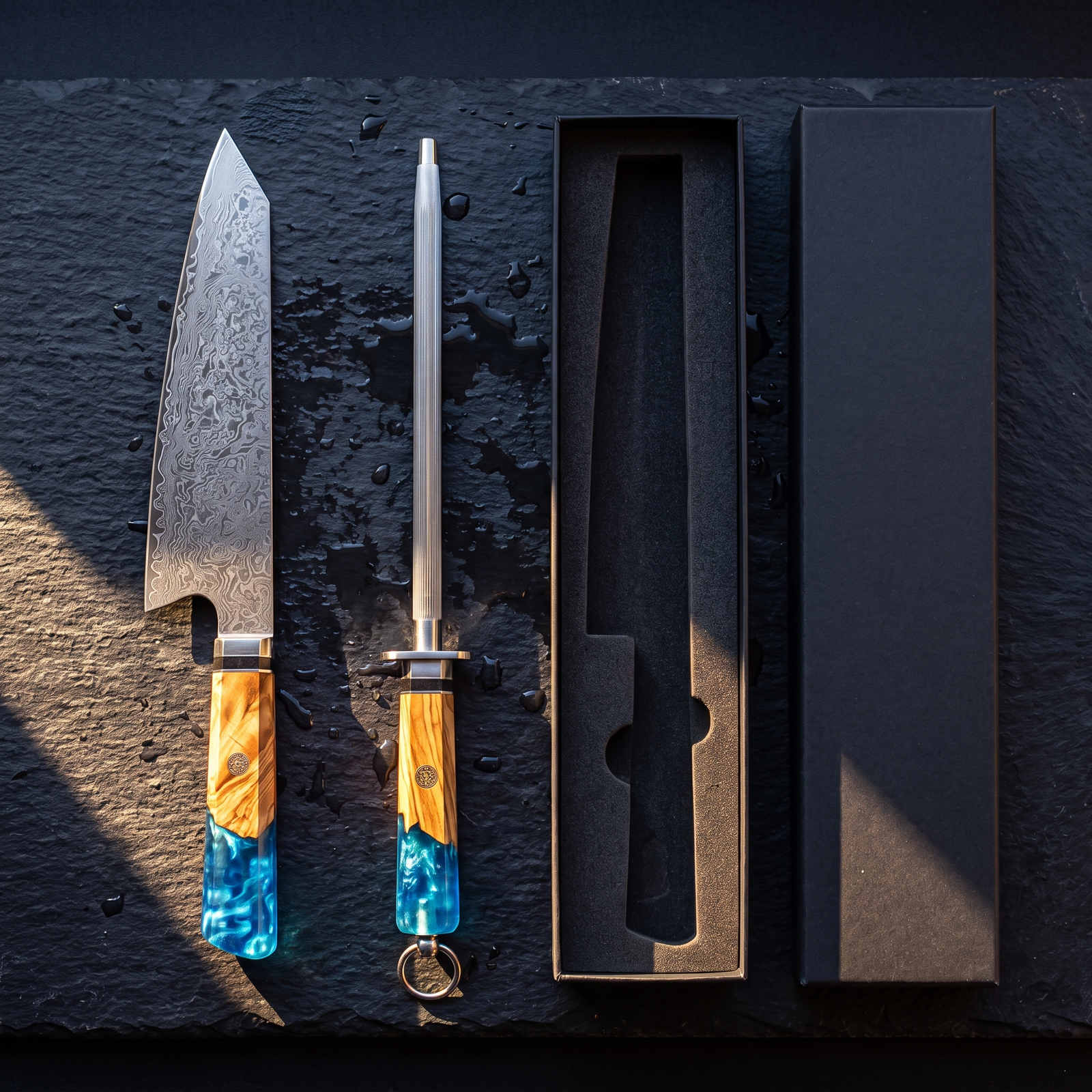 The pair: the knife, the honing steel and the box