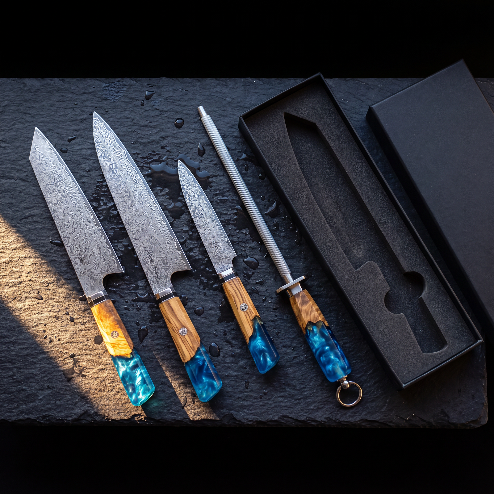 The full set: two chef's knives, a steak knife, the honing steel and the box