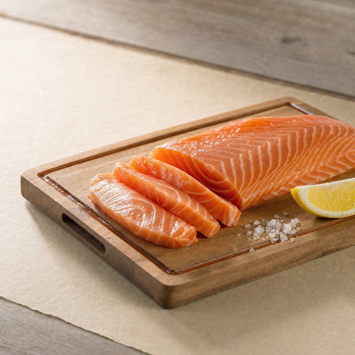 Salmon on the board, juice in the channel
