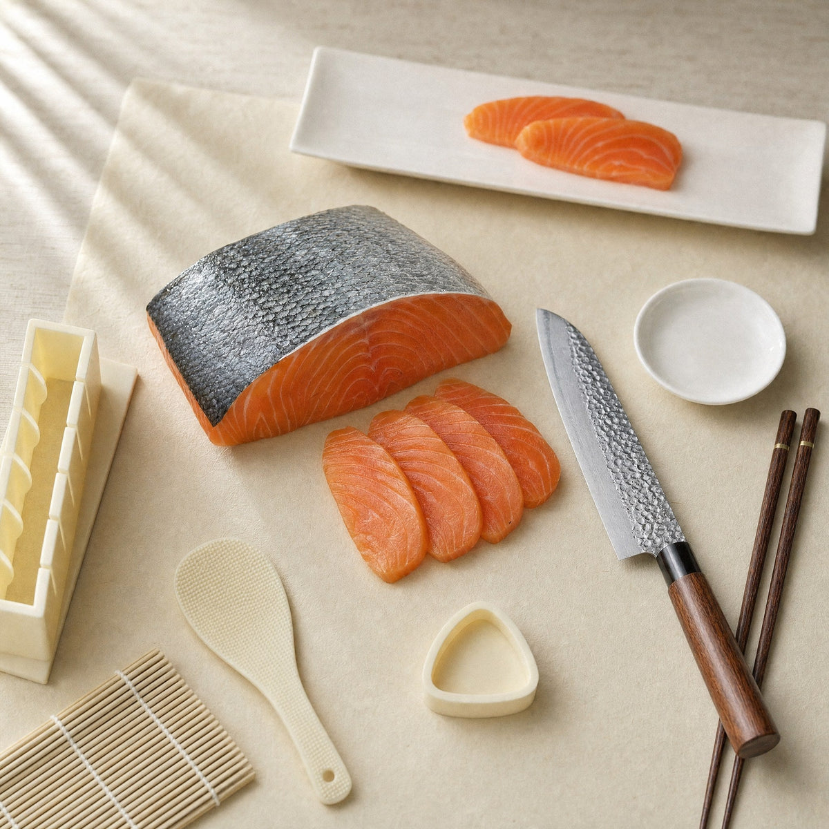 A side of salmon sliced with the santoku