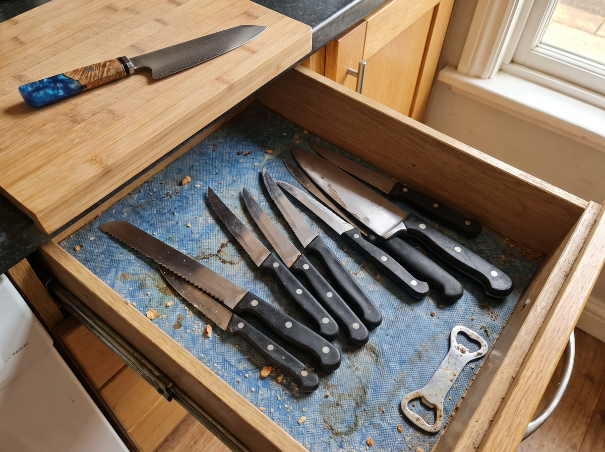 A cluttered knife drawer beside one good knife