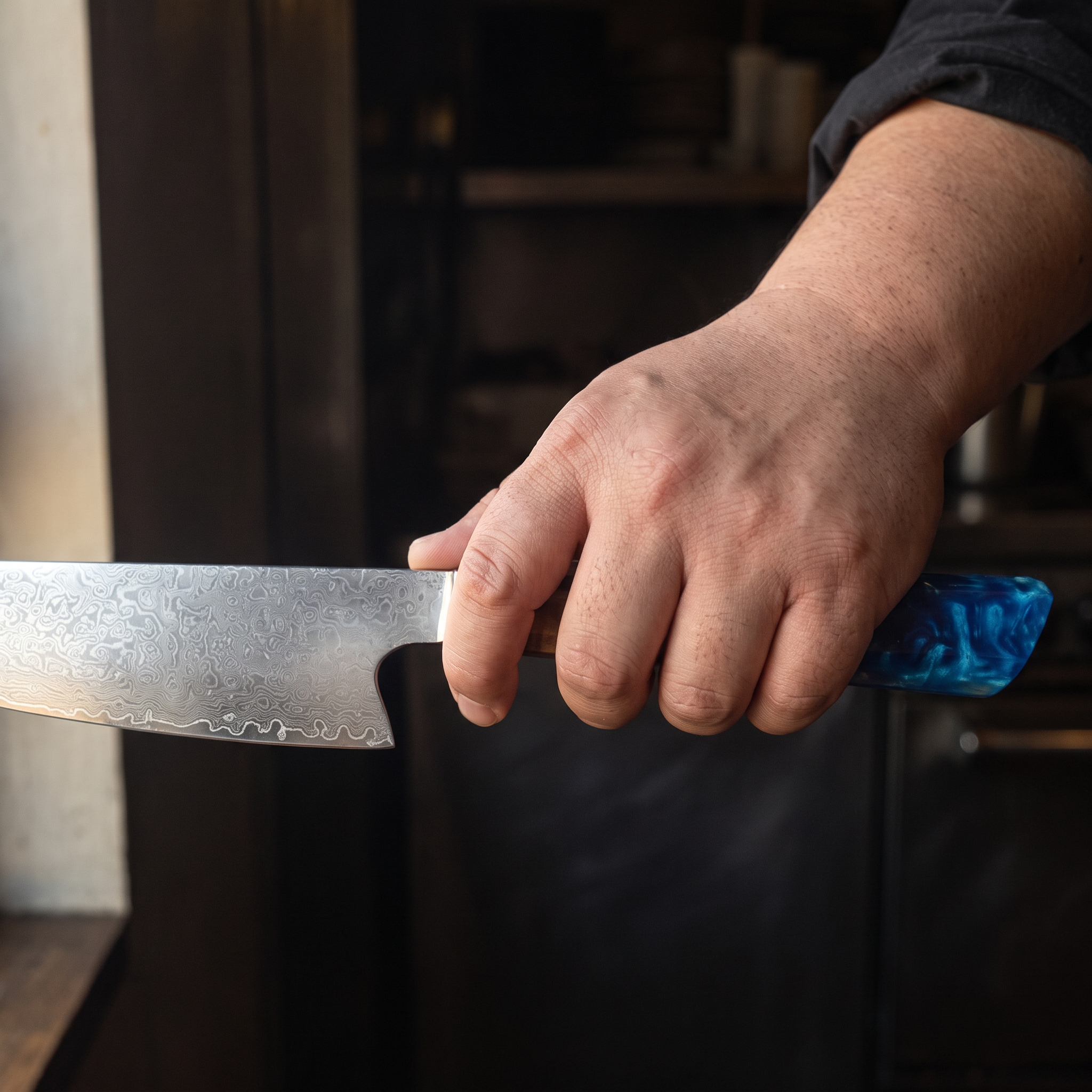 The knife held in one hand, for scale
