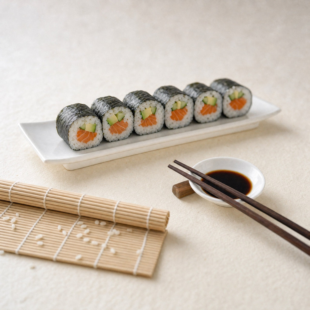 Finished maki rolls on the plate from the kit