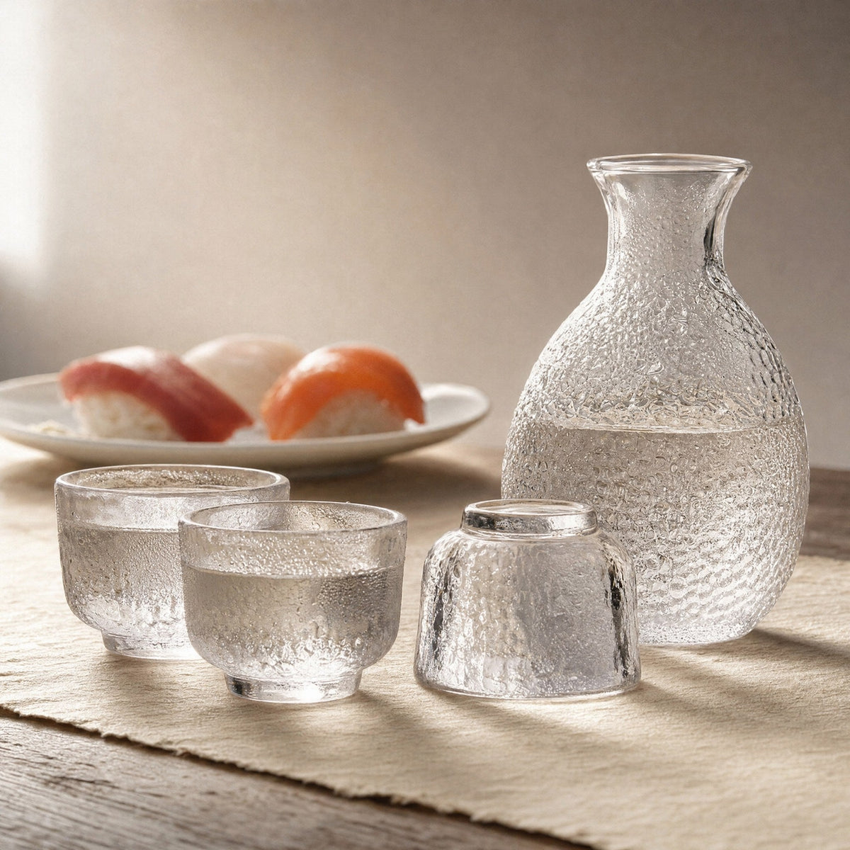 Cold sake poured, with nigiri behind