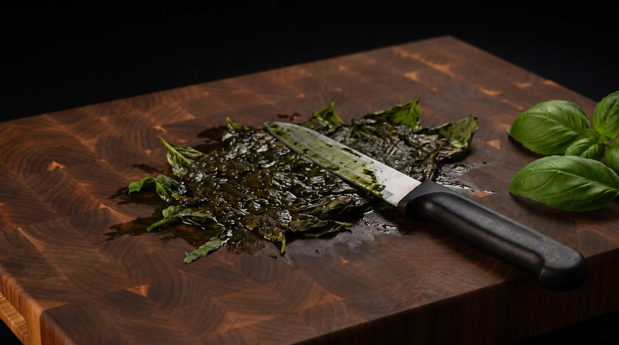 Basil bruised black beside fresh green leaves, on the same board