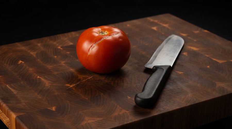 A whole tomato creased where a blunt blade skated off the skin
