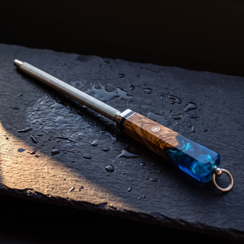 The honing steel, olive wood and blue resin